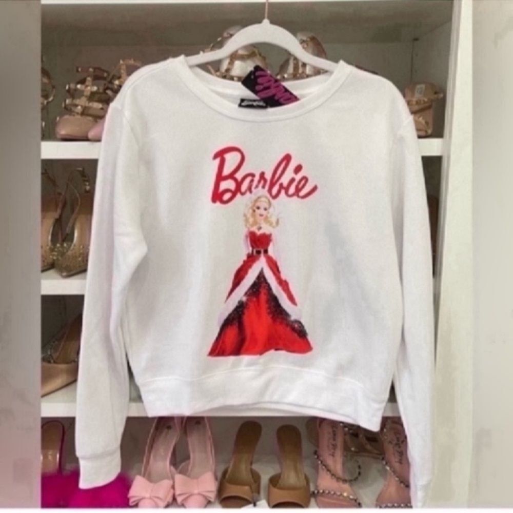 Barbie Doll In Xmas Dress White Crewneck Sweatshirt Juniors Large Nwt — image 7 of 8